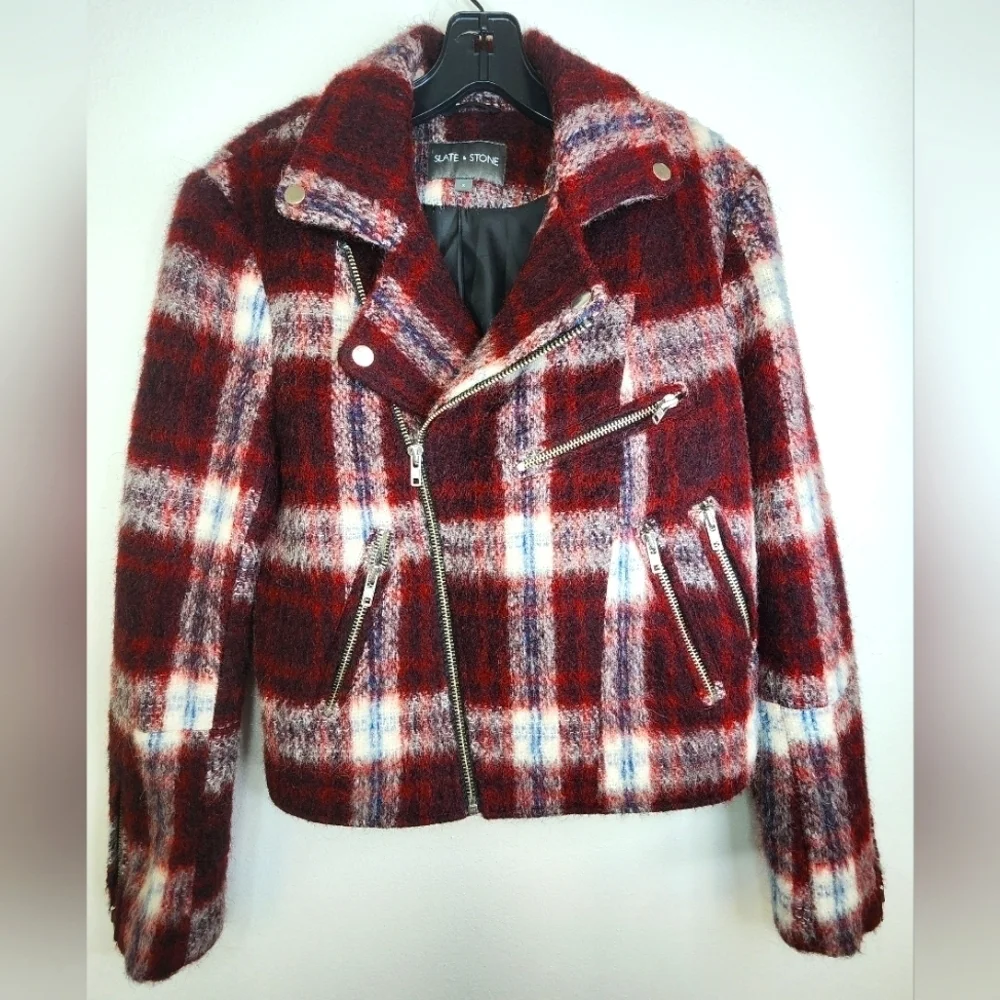 Slate & Stone Women's Plaid Wool-l Blend Biker Jacket, size Small